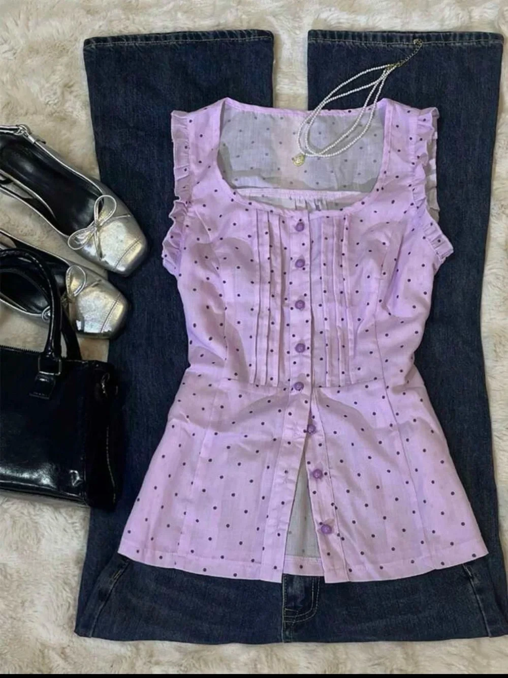 Sleeveless Lilac Polka Dot Button-Front Top - Women